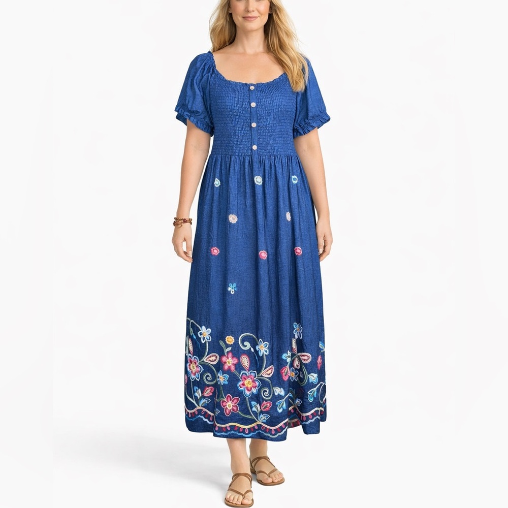 Anthropologie Kindred Chambray Maxi Dress 2X Embroidered Smocked Milk Maid Boho